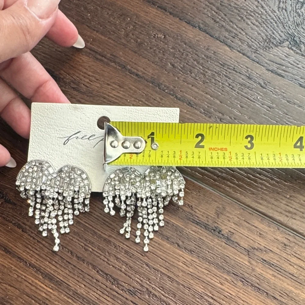 Free People Hearts on Fire Dangle Earrings Rhinestones Fringe Bling.